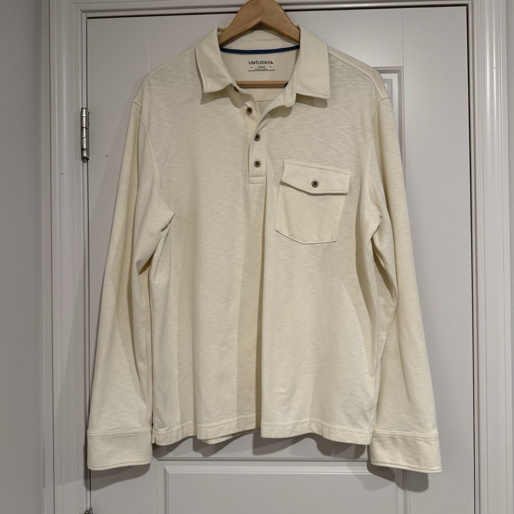 Untuckit Matthieu Solid Long Sleeve Polo Shirt Mens Size L Ivory Casual Preppy